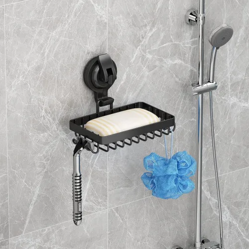 Vista 2 de Soporte de Jabón para Ducha, Jabonera con Ventosa para Ducha con 4 Ganchos, Acero Inoxidable 304, Negro