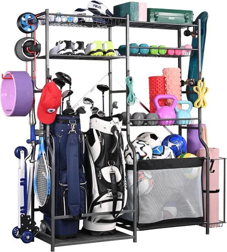 Vista 8 de PLKOW Organizador de Equipo Deportivo, Estante de Almacenamiento de Bolas para Garaje, Organizador para 2 Bolsas de Golf y Equipo Deportivo