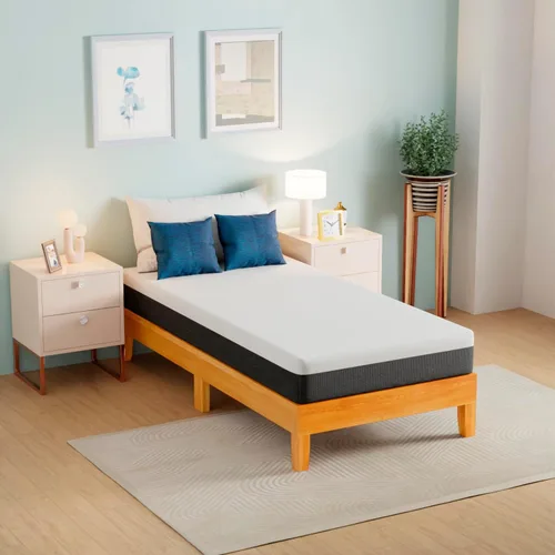 Vista 9 de PayLessHere Marco de cama de plataforma de madera, tamaño individual, marco de cama de madera maciza con cabecero, soporte de listones de madera,