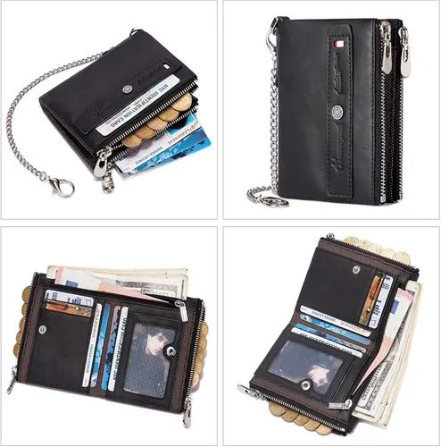 Vista 4 de Cartera de cuero genuino para hombre con cadena antirrobo, bloqueo RFID, tarjetero multifuncional con cierre RFID, bolsillo con cremallera