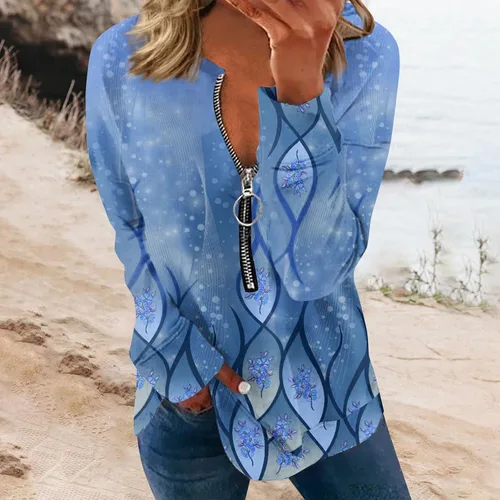 Vista 2 de FlekmanArt Camisetas de entrenamiento para mujer con estampado de manga larga, con cremallera de un cuarto, cuello en V, cómodas sudaderas elegantes