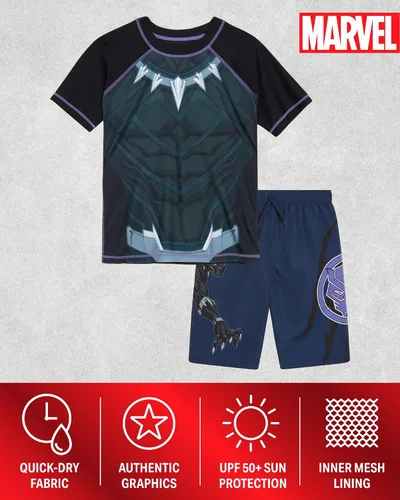 Vista 2 de Marvel Boys Rash Guard Set - UPF 50 Avengers Short Sleeve Boys Swim Shirt and Swim Trunks (Sizes 2T-12)