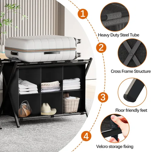 Vista 4 de Huhote Portaequipajes para habitación de invitados, soporte plegable para maleta con estante de almacenamiento de tela de 6 cubos, soporte