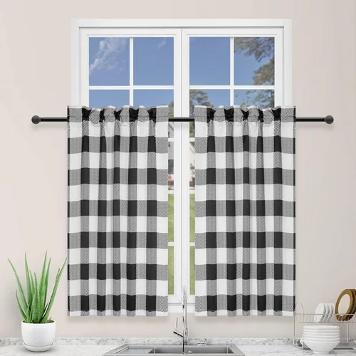 Vista 15 de Simple Deluxe 2 cortinas de cocina a cuadros de búfalo, cortinas cortas a cuadros para ventanas de media cafetería, 26 pulgadas de ancho x 36 Negro
