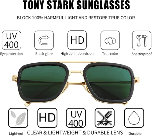 Vista 2 de Kursan Lentes de sol polarizados Tony Stark para hombres y mujeres, montura cuadrada de metal, lentes de Iron Man y Spider-Man