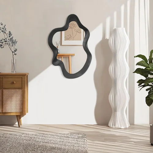 Vista 2 de Espejo asimétrico para decoración de pared, grande, moderno, ondulado, con marco de madera, espejo de pared con forma única montado en pared