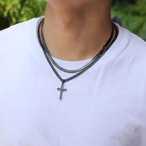 Vista 3 de Zocomi Collar de cruz para hombres y niños, de acero inoxidable en capas, cadena de espiga cubana, colgante de cruz religiosa, joyería de moda