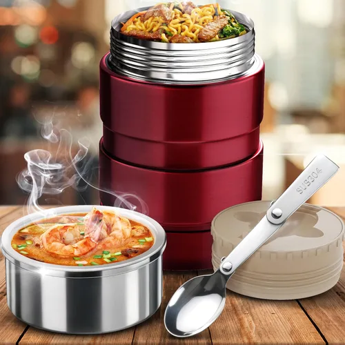 Vista 8 de Earth&ME Termo de acero inoxidable para alimentos calientes de 17 onzas con cuchara plegable, recipiente de alimentos aislado al vacío, termo de Rojo