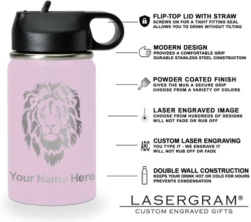 Vista 6 de LaserGram Botella de agua de doble pared abatible de 12 onzas con pajilla, tractor agrícola, grabado personalizado incluido (lavanda)