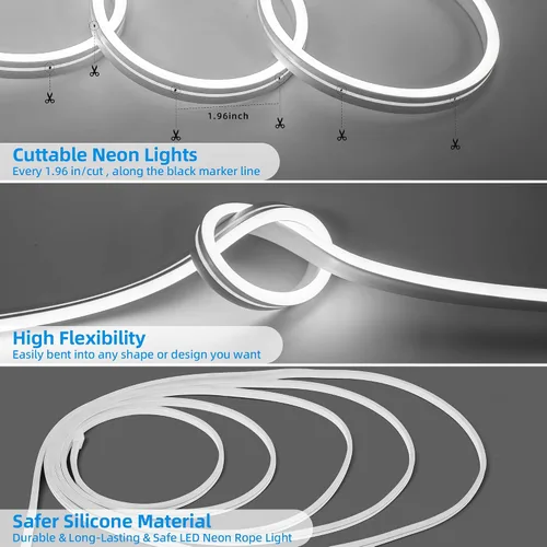Vista 7 de Luz de Cuerda LED de Neón, 32.8 pies, color blanco frío, regulable, tiras de luces LED, tiras de luces de neón de silicona flexible impermeable DIY