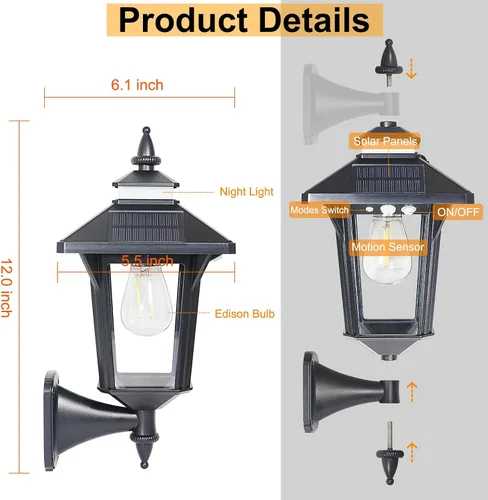Vista 5 de Linterna de Pared Solar con 3 Modos, Luz de Pared Solar con Sensor de Movimiento Impermeable, Luces LED de Porche Delantero del Anochecer al