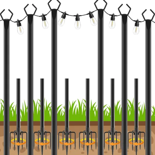 Vista 8 de Paquete de 2 postes para luces de cadena, postes para luces de cadena de 5 pies para exteriores con clips de fijación, postes de metal para luces