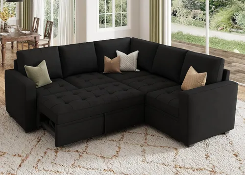 Vista 21 de HONBAY Sofá cama modular modular con cama extraíble, sofá en forma de L con asiento de almacenamiento, sofás seccionales para sala de estar, beige