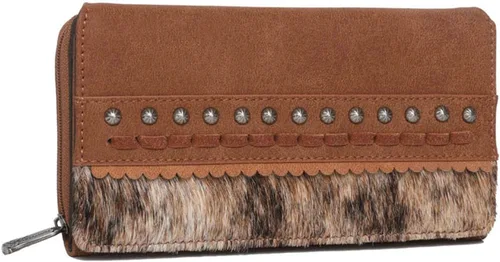 Vista 2 de Montana West Cartera de cuero para mujer con tachuelas occidentales, Café Whipstitched Trinity Ranch Cuero, Moderno