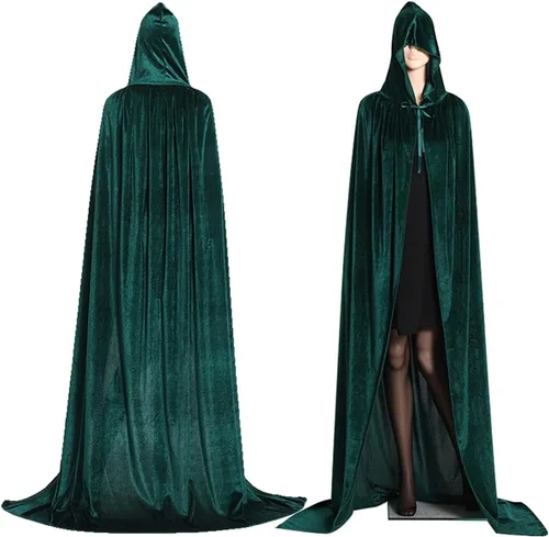 Vista 2 de Capa con capucha unisex, capa de terciopelo larga para Halloween, bruja, mago, vampiro, cosplay, accesorios de fiesta