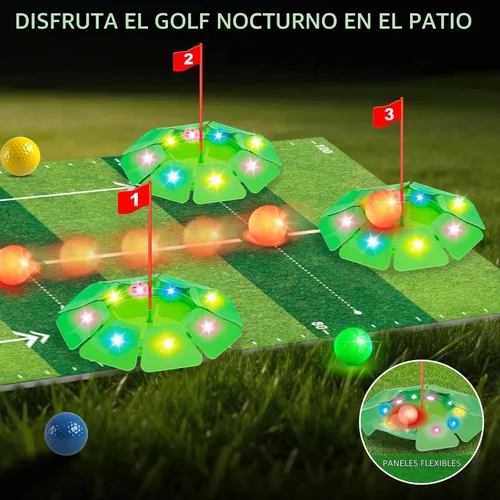 Vista 4 de VATOS Juego de juguetes de golf para niños, juego de golf iluminado con tapete de putting de 6.5 pies, putter de golf, 3 agujeros, 4 bolas