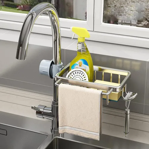 Vista 13 de Soporte de esponja para grifo, organizador para fregadero de cocina, bandeja colgante para drenaje de 1.8-2.8 cm de diámetro, organizador para Dorado