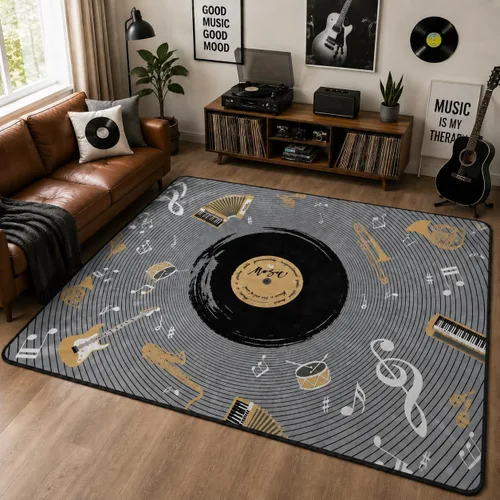 Vista 8 de Juego de batería de área musical, alfombra negra vintage, alfombras de música antideslizantes, tapetes suaves para sala de estar, dormitorio