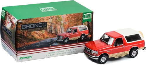Vista 2 de Greenlight 1994 Bronco Eddie Bauer Edition Electric Red Metallic y Tucson Bronce con Top Blanco Colección Artisan 1/18 Modelo de coche fundido a
