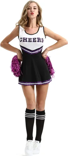 Vista 3 de Colorful House Disfraz de animadora para mujer, uniforme musical, disfraz completo, pompones, calcetines