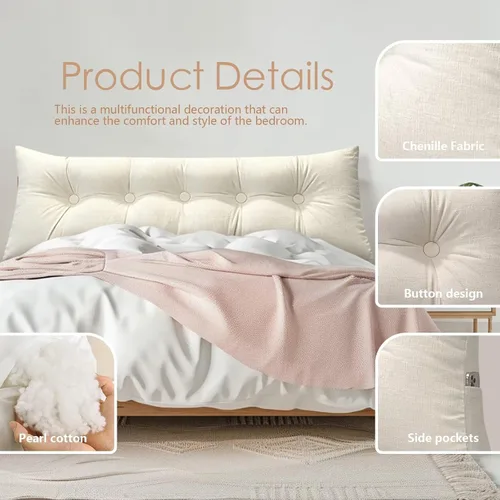 Vista 2 de Almohada para cabecero de cama enrollable, almohada de respaldo de cuña para sentarse en la cama con bolsillo lateral, almohada de lectura