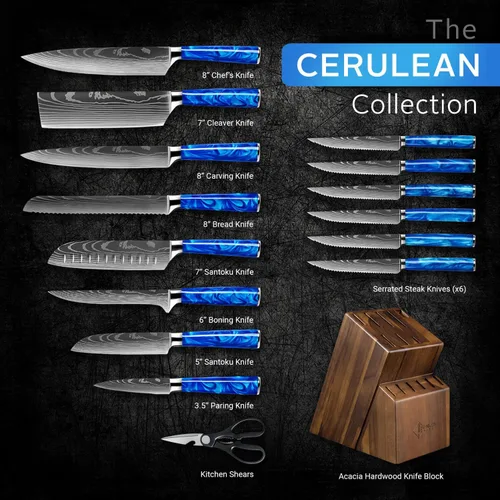 Vista 2 de SENKEN - Juego de 16 cuchillos de acero inoxidable japonés de alto carbono con patrón de damasco, asas de resina azul, 6 cuchillos para carne