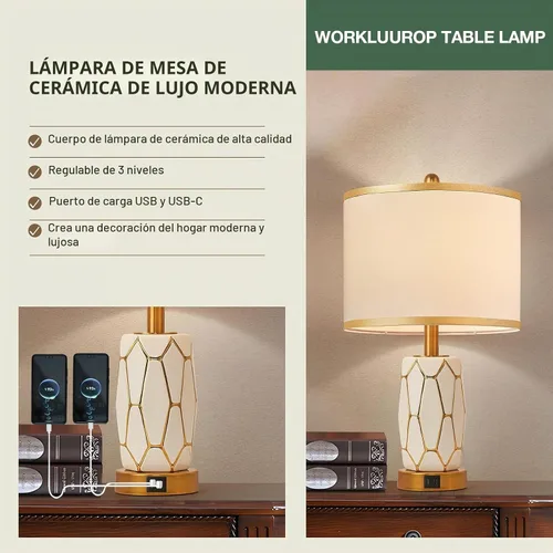 Vista 6 de Juego de 2 lámparas de mesa de cerámica con control táctil para dormitorio, sala de estar, color negro y blanco, con puertos USB, lámpara de mesita