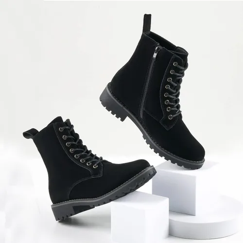 Vista 7 de JABASIC Botas de combate de cuero de gamuza para mujer, botas de tobillo con cordones y cremallera lateral