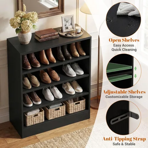 Vista 4 de Homieasy Armario de zapatos, organizador de zapatos de madera moderno de 5 niveles con 3 estantes ajustables para entrada, estante de exhibición