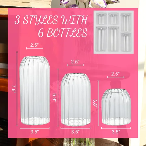 Vista 2 de Juego de 6 jarrones pequeños de vidrio para flores, modernos jarrones cilíndricos acanalados para centros de mesa de boda, decoración de sala