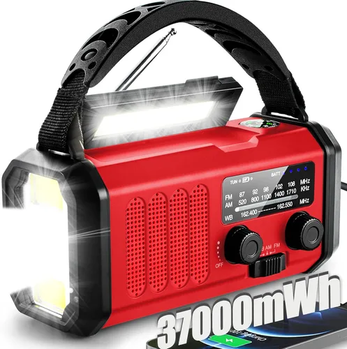 Vista 11 de QAUYYW Radio de emergencia con manivela, radio NOAA AM FM meteorológica portátil con manivela de 37000 mAh solar, con linterna de 3 modos y luz