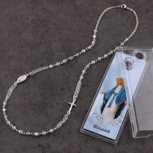 Vista 3 de HanlinCC Collar de rosario milagroso chapado en plata brillante con cuentas de cristal facetado de 0.157 in con caja de regalo para mujeres