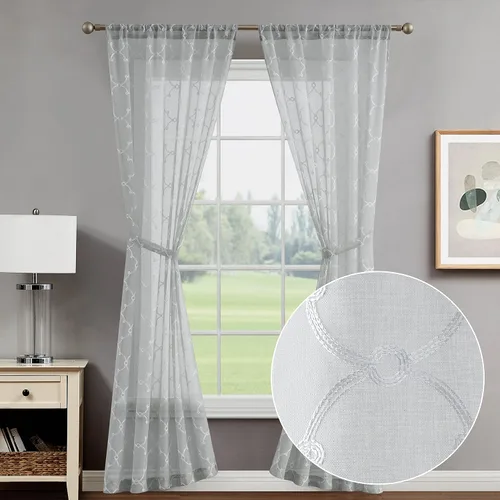 Vista 23 de Creative Home Ideas Cortinas transparentes (2 paneles, 38 x 63 pulgadas, azul), paneles de cortina geométricos bordados con alzapaños, cortinas