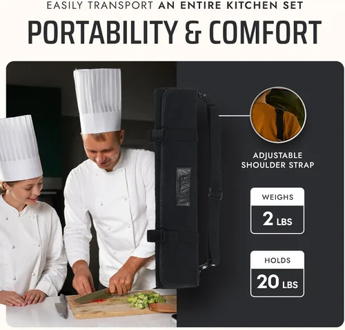 Vista 5 de Asaya - Bolsa enrollable de lona para cuchillos de chef - 10 ranuras para cuchillos y un gran bolsillo con cremallera - Funda duradera de lona