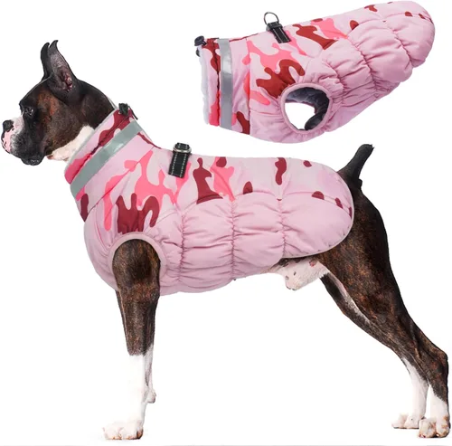 Vista 21 de Lelepet Abrigo cálido para perro, abrigo de invierno para perro, chaqueta impermeable para perros con arnés integrado reflectante de forro polar