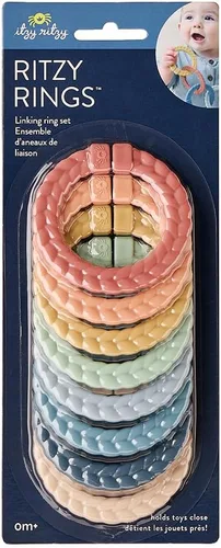 Vista 4 de Itzy Ritzy Juego de anillos de enlace juego de 8 anillos trenzados, versátiles de color arcoíris se fija al asiento del automóvil del bebé