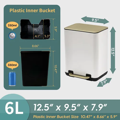 Vista 7 de SunnyPoint Cubo de basura pequeño de 6 litros (1.58 galones) con cubos interiores de plástico; baño rectangular, oficina, cocina y dormitorio, paso