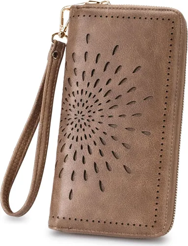 Vista 8 de APHISON Billetera para mujer, gran capacidad, monedero, tarjetero, RFID, pulsera, teléfono, cremallera, moneda, bolsillo de viaje azul