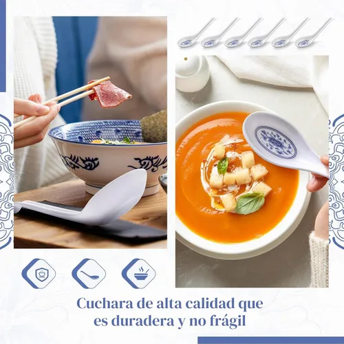 Vista 5 de Hushee 100 cucharas de sopa asiática china, cucharas de sopa de melamina grandes a granel, cucharas de ramen reutilizables japonesas, cuchara