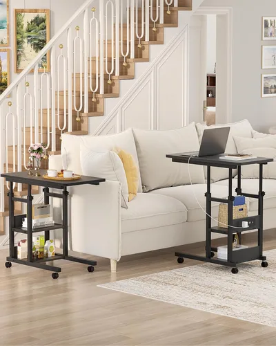 Vista 4 de Mesa auxiliar de altura ajustable con estación de carga, mesa auxiliar móvil para computadora portátil en forma de C con ruedas, mesa de sofá de 3