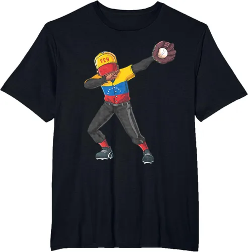 Vista 41 de Baseball Dabbing Venezuela Player Catcher Pitcher Hombres Niños Camiseta, Negro
