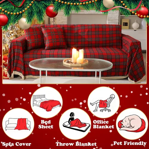 Vista 5 de Oudain Juego de fundas de sofá navideñas con 2 fundas de almohada de 71 x 134 pulgadas, fundas de sofá rojas a cuadros búfalos, funda de sofá de 3
