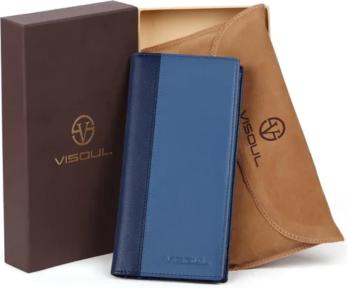 Vista 6 de VISOUL Billeteras largas de cuero con bolsillo con cremallera para hombres y mujeres, bloqueo RFID, billetera alta para secretaria, Azul y azul