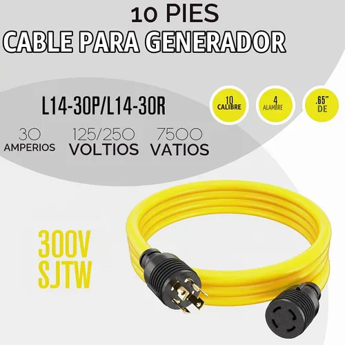 Vista 4 de Alargo, Cable de extensión, 4 Prong, 30 Amperes, 125–250 Voltios, único, Amarillo, 10 pies, 100% hule, calibre 10, muy resistente, L14–30