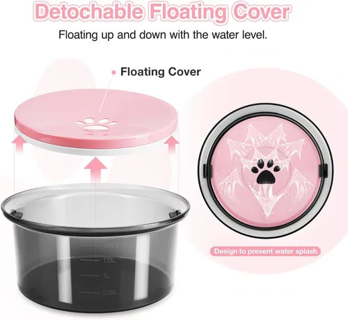 Vista 3 de Cuenco de agua para perros de 2 litros, sin derrames, de 70 onzas, tazón grande a prueba de derrames, reduce el relleno, cuenco de agua potable Rosa