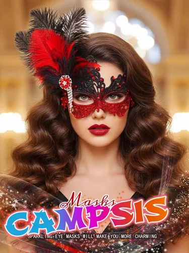 Vista 3 de Campsis Máscara de mascarada para mujer, máscara de plumas para mascarada, máscara de encaje veneciano con diamantes de imitación