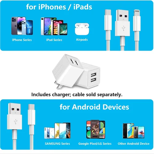 Vista 3 de Bloque de cargador USB, puerto dual A de 10 W (5 V x 2.1 A), cargador de pared, adaptador de corriente, caja de carga rápida/ladrillo/cubo