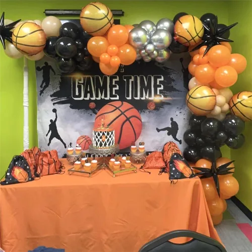 Vista 3 de Kit de arco de globos de baloncesto, kit de guirnalda de globos naranja y negro plateado con globos de estrella en explosión, kit de globos