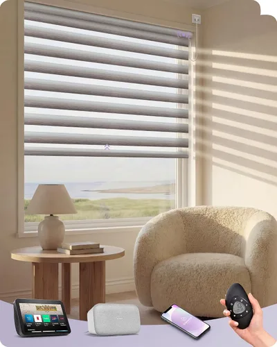 Vista 38 de Graywind Persianas motorizadas de cebra para ventanas, persianas inteligentes 100 % opacas con control remoto, persianas de cebra personalizadas