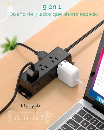 Vista 2 de Protección contra sobrecarga y regleta de enchufes - 9 tomas múltiples ampliamente espaciadas, montaje en pared, extensor de enchufes de 3 lados